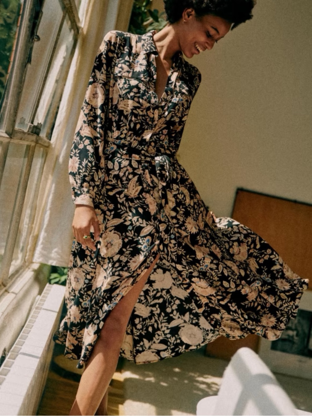 SEZANE Black & Beige Floral Printed Button Down Belted Lauretta Midi Shirt
Dress